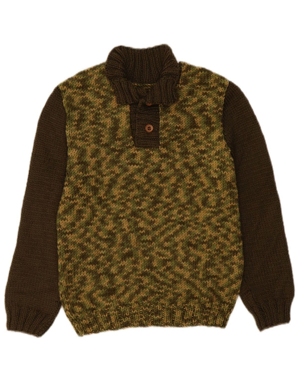 Vintage Womens Button Neck Jumper Sweater UK 14 Medium Khaki Colourblock