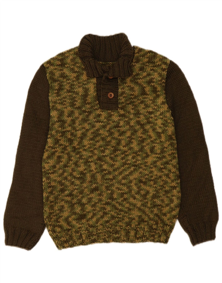 Vintage Damen-Pullover mit Knopfkragen, UK 14, mittlerer Khaki-Farbblock