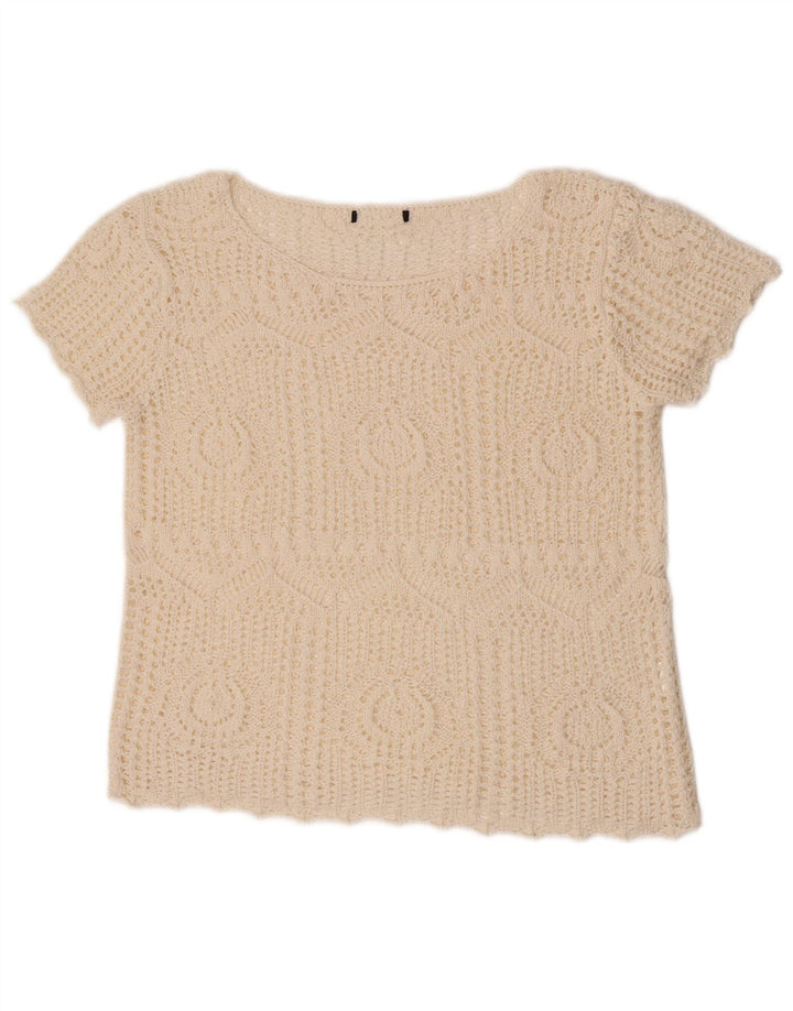 Vintage Damen Crop Häkelbluse Top UK 12 Medium Off White
