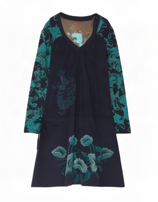 Desigual Damen-Kleid mit langen Ärmeln und tiefer Taille, UK-Größe 12, mittleres Marineblau mit Blumenmuster