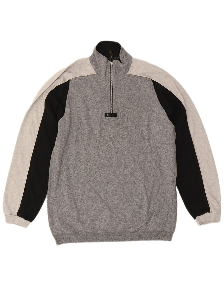 CHAMPION Herren-Sweatshirt mit Reißverschluss am Hals, groß, graue Blockfarben-Baumwolle