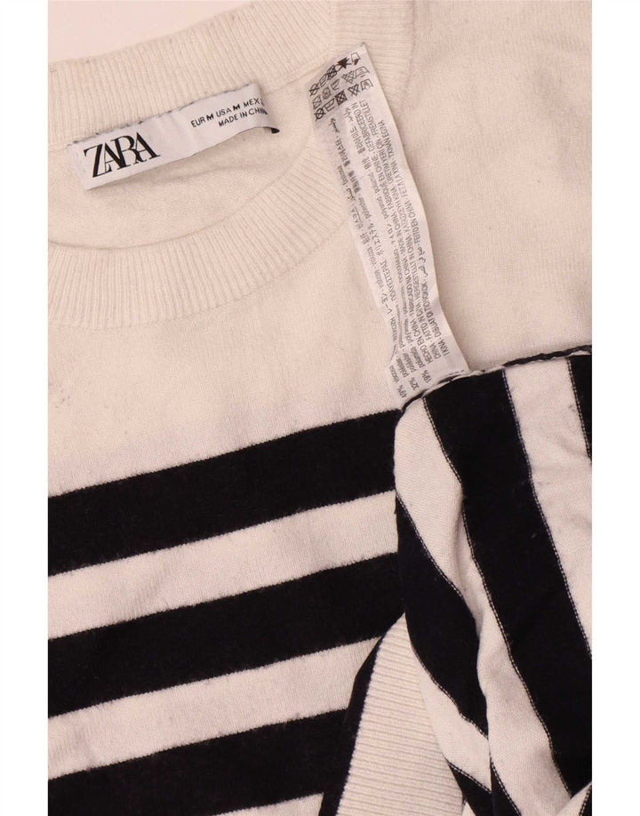 Zara Damen-Pullover, übergroß, Rundhalsausschnitt, Gr. 14, mittelweiß gestreift