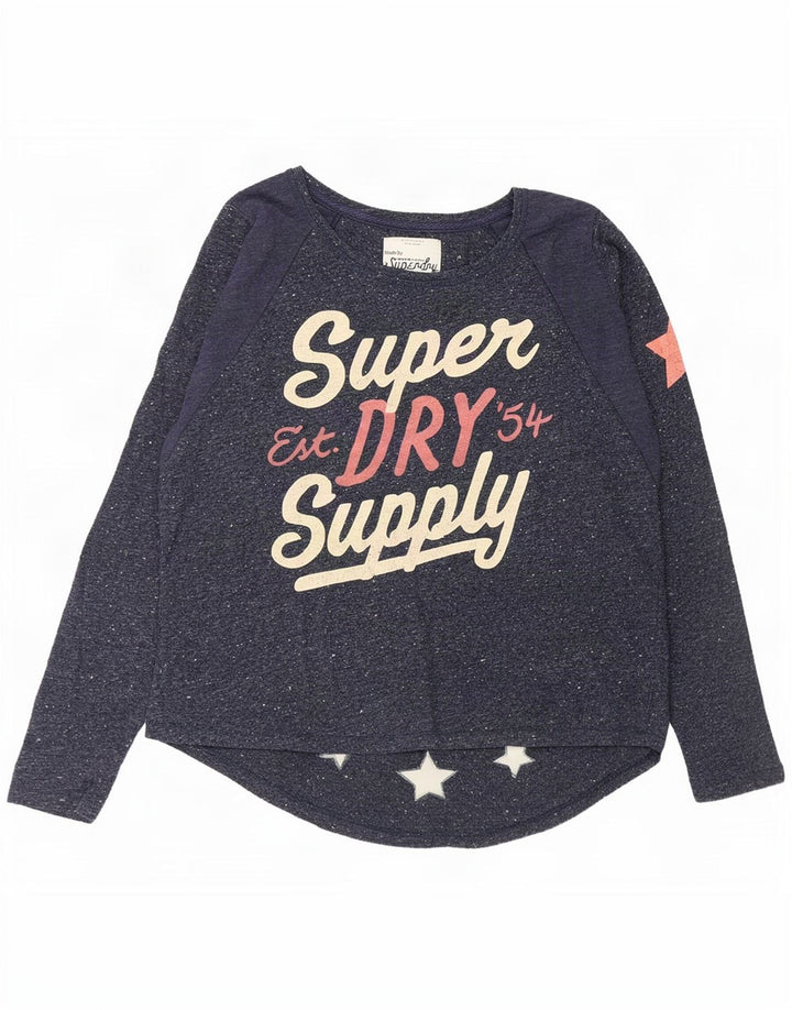 Superdry Damen Graphic Top Langarm UK 14 Mittel Marineblau meliert