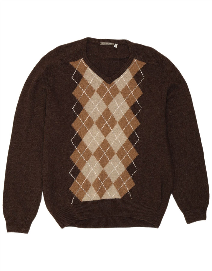 Vintage Herren Pullover mit V-Ausschnitt XL Braun Argyle/Diamond Wool