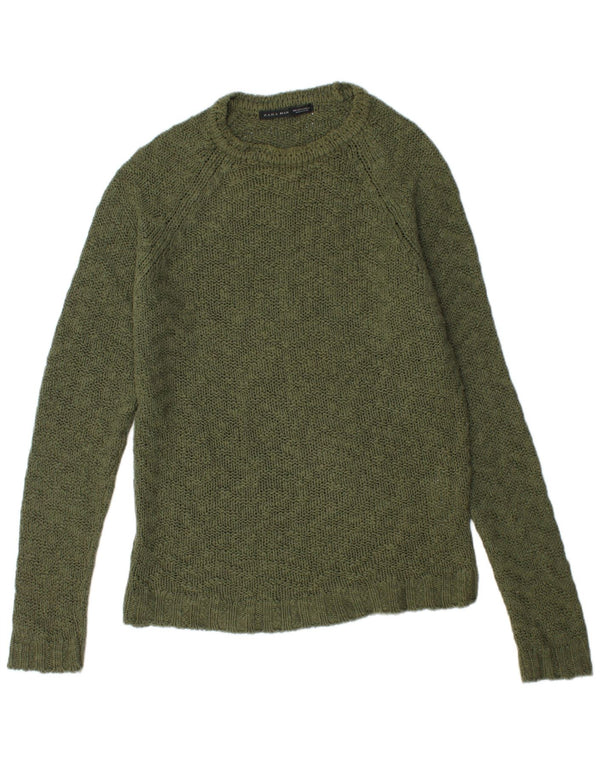 ZARA Herren-Pullover mit Rundhalsausschnitt, groß, Khaki, Baumwolle