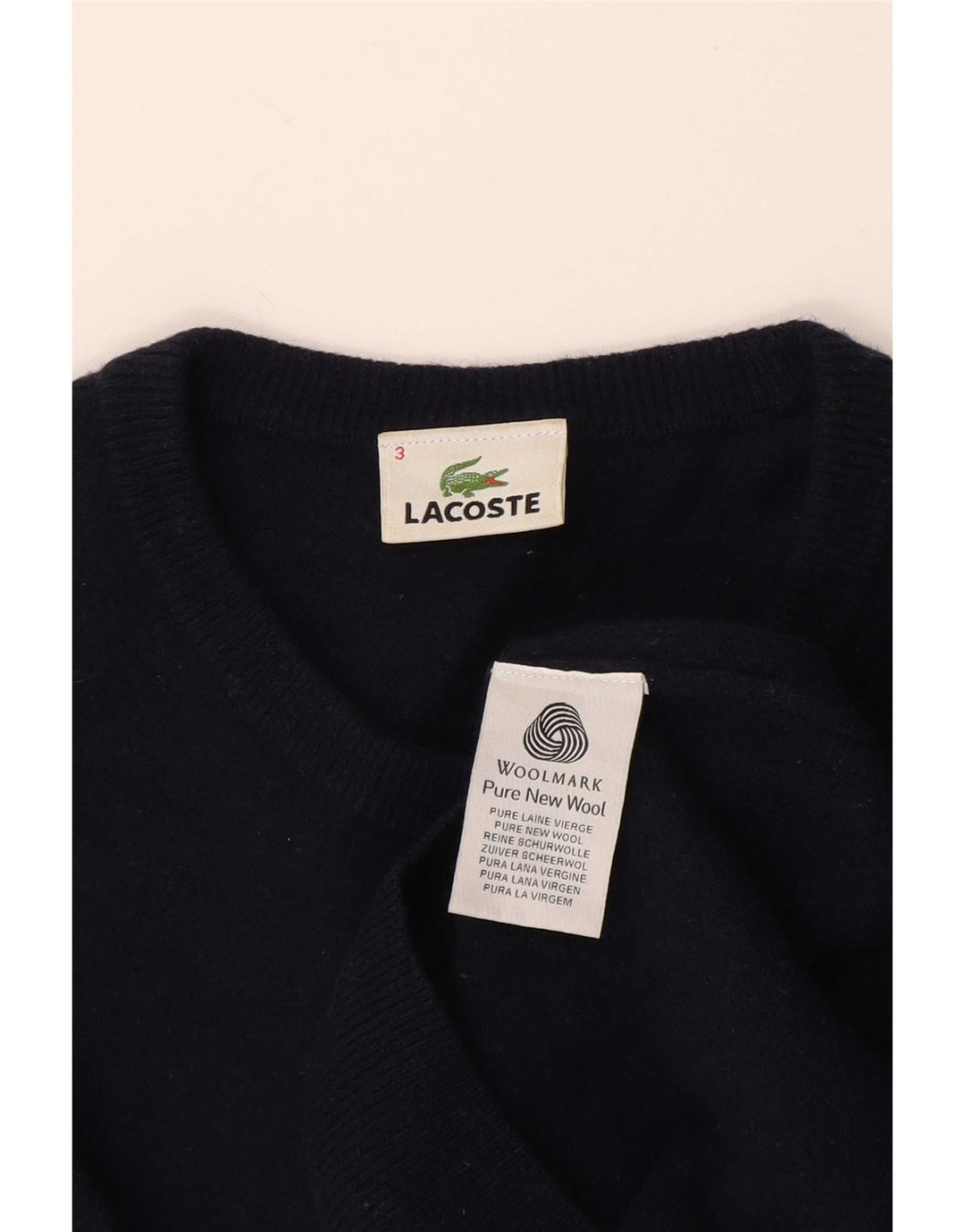 Lacoste Herren-Pullover mit Rundhalsausschnitt, Größe 3, klein, marineblaue Schurwolle