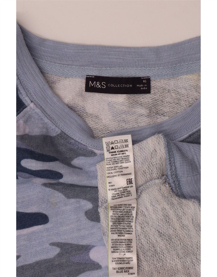 MARKS & SPENCER Womens Crop Sweatshirt Jumper UK 16 Large  Blue Camouflage Vintage Marks & Spencer and Second-Hand Marks & Spencer from Messina Hembry 