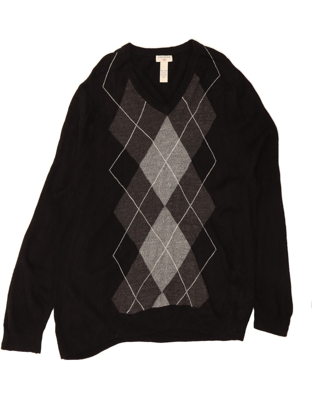 DOCKERS Mens V-Neck Jumper Sweater 2XL Black Argyle/Diamond Acrylic Vintage Dockers and Second-Hand Dockers from Messina Hembry 