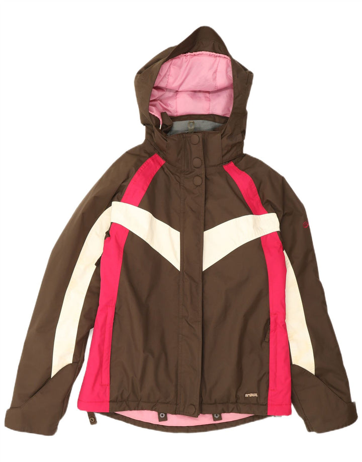 ANIMAL Übergroße Damen-Regenjacke mit Kapuze, UK 10, Klein, Braun, Farbblock