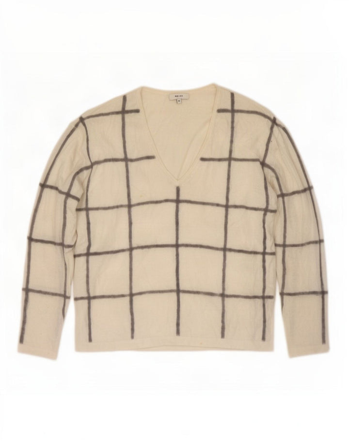 Reiss Damen-Pullover mit V-Ausschnitt, UK 14, Mittelweiß, kariert, Polyester