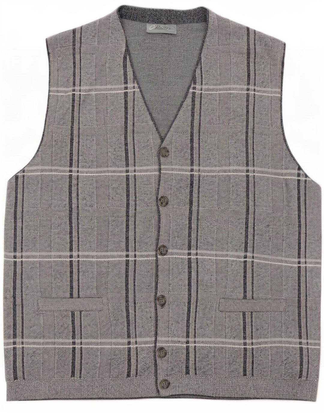 Rodes Herren-Strickjacke, ärmellos, mittelgrau, kariert, Acryl