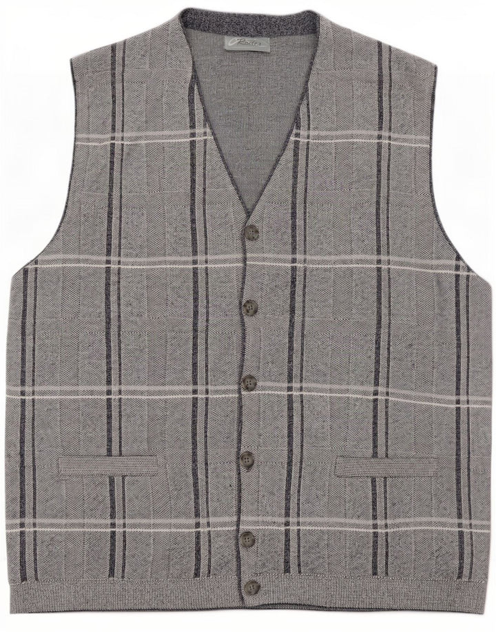 Rodes Herren-Strickjacke, ärmellos, mittelgrau, kariert, Acryl