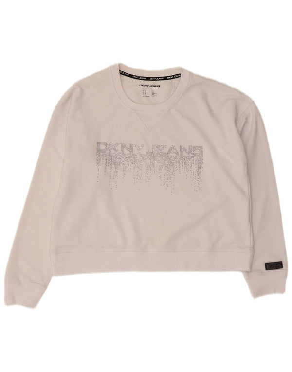 Dkny Womens Crop Graphic Sweatshirt Pullover UK 14 Mittelweiße Baumwolle