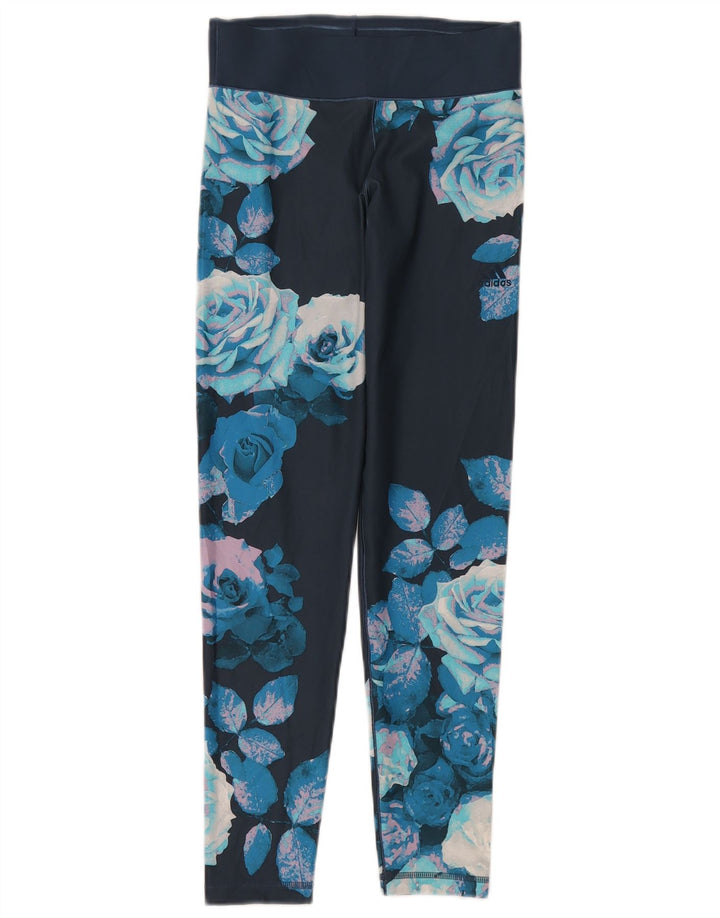 Adidas Damen Climalite Leggings UK 8/10 Small Blue Floral Polyester