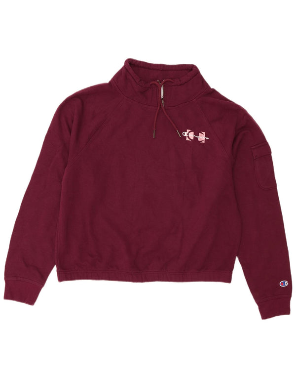 Champion Damen Crop Zip Neck Sweatshirt Pullover UK 18 XL Burgund Baumwolle