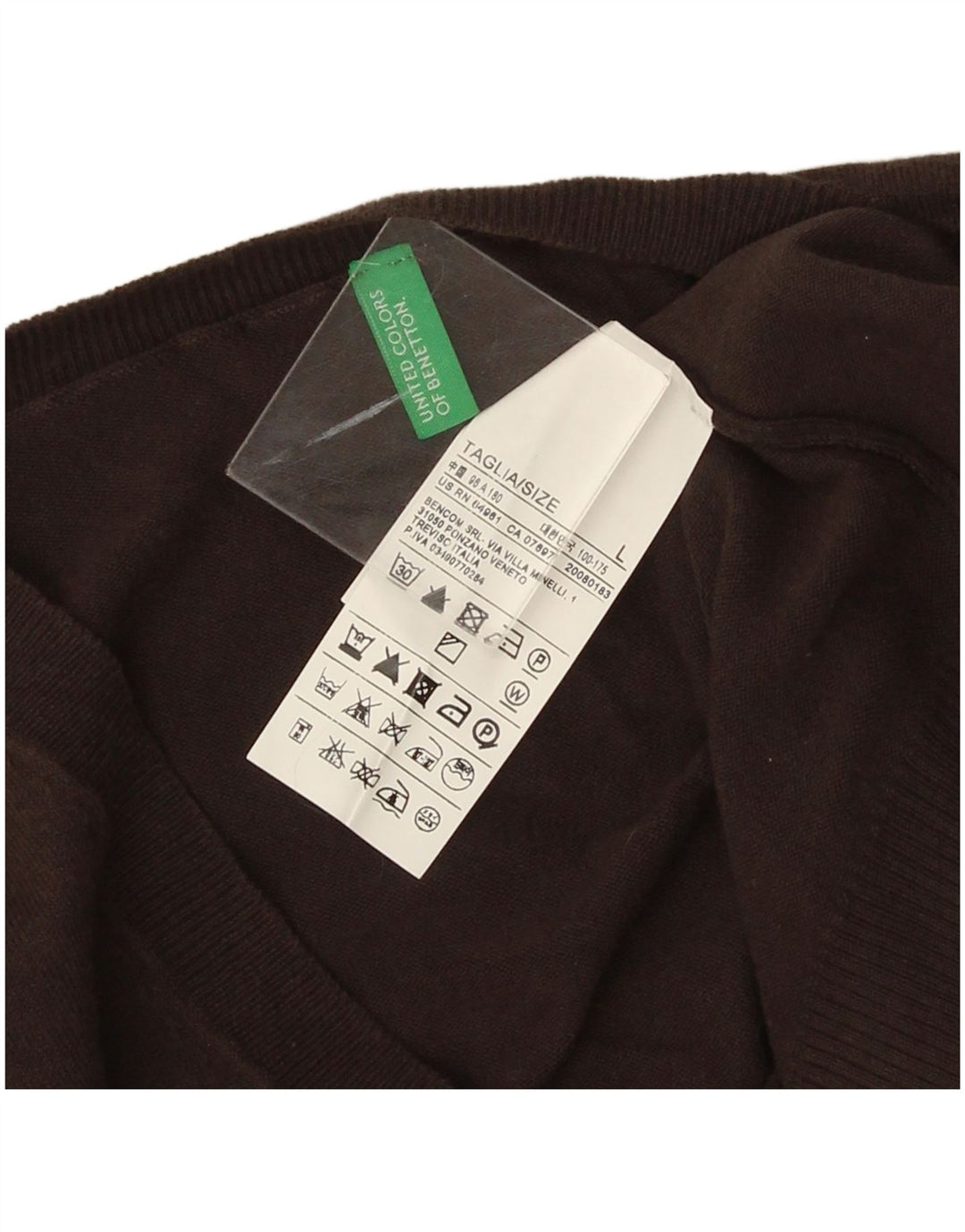 Benetton Herren-Pullover mit V-Ausschnitt, groß, braune Baumwolle