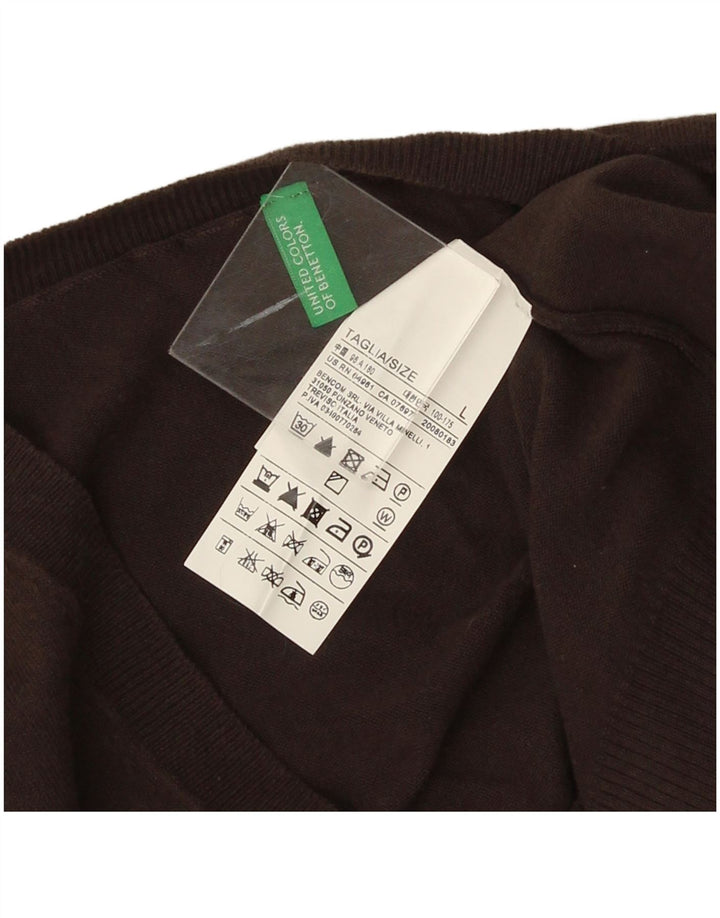 Benetton Herren-Pullover mit V-Ausschnitt, groß, braune Baumwolle
