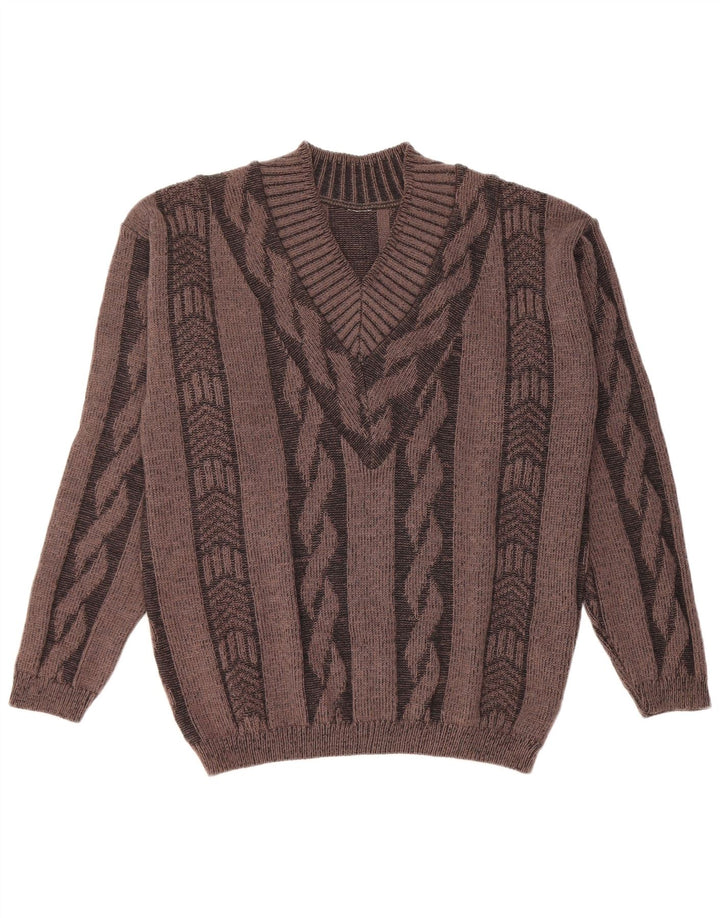 Vintage Herren Pullover mit V-Ausschnitt, groß, braun, geometrisch
