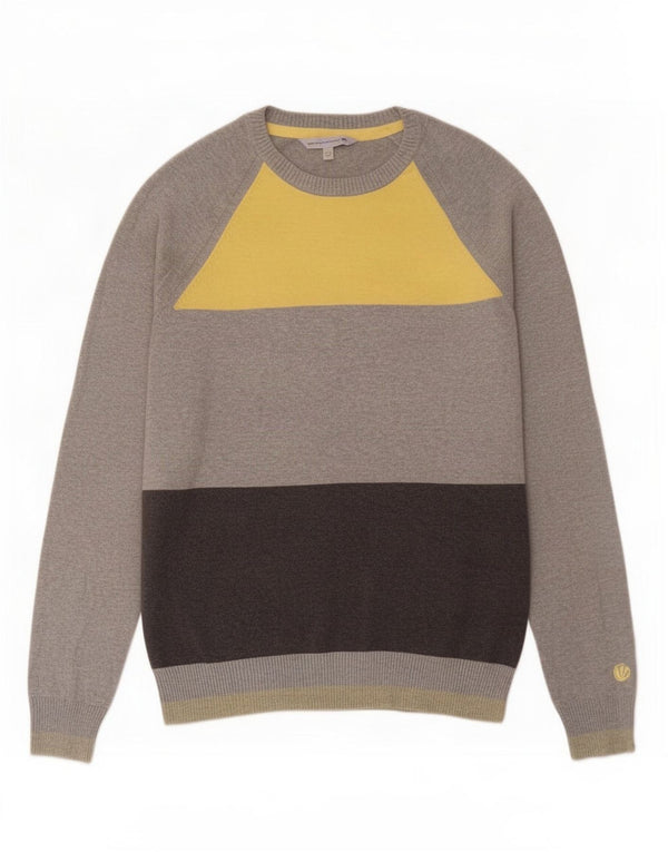 Fat Face Herren-Pullover mit Rundhalsausschnitt, groß, graue Farbblock-Baumwolle