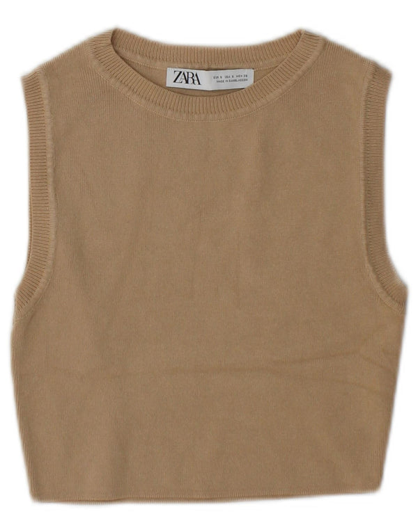 Zara Damen Crop Vest Tank Top UK 10 Small Beige Viskose