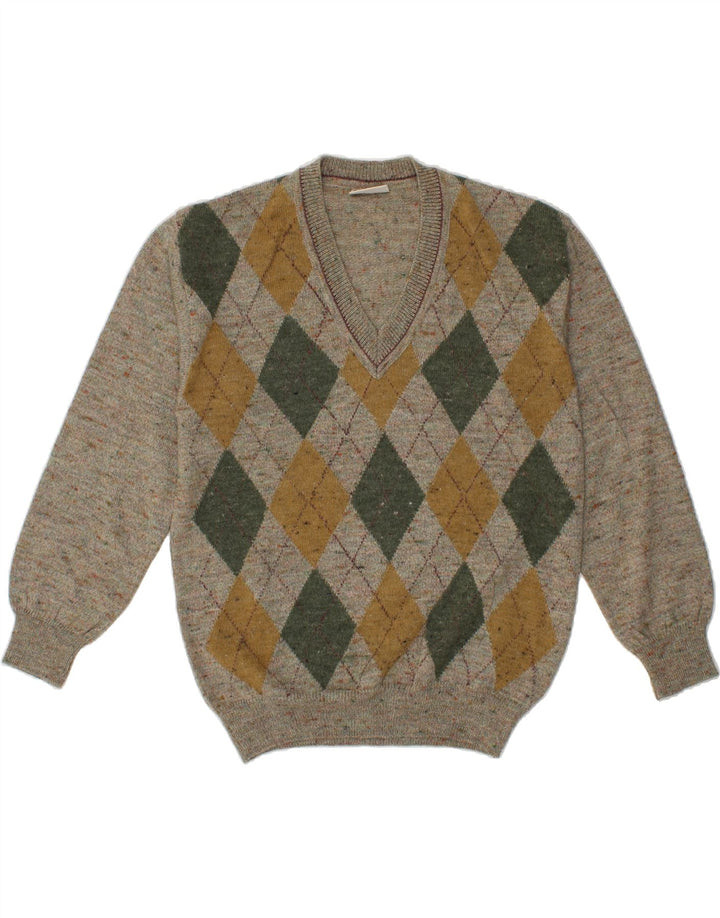 RODES Herren-Pullover mit V-Ausschnitt, mittelgraue Argyle-/Diamantwolle