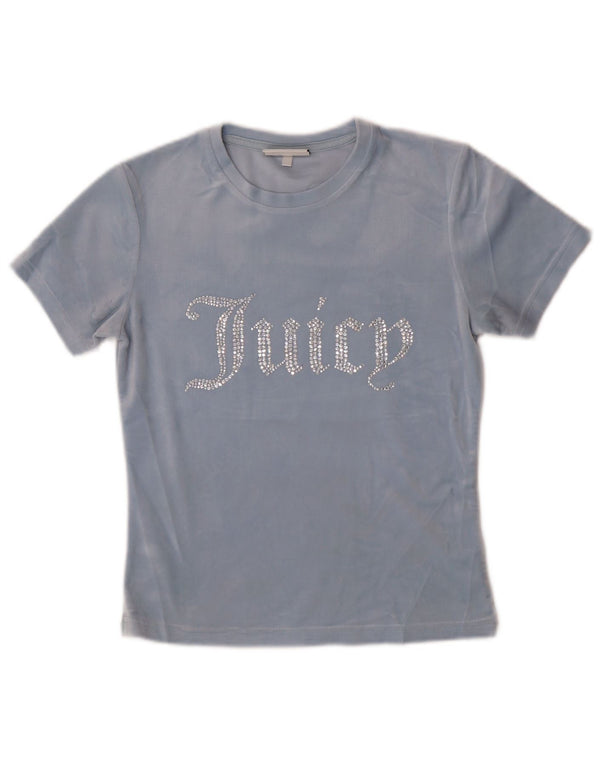 Juicy Couture Damen Velours-Grafik-T-Shirt-Oberteil UK 12 Mittelblaues Polyester