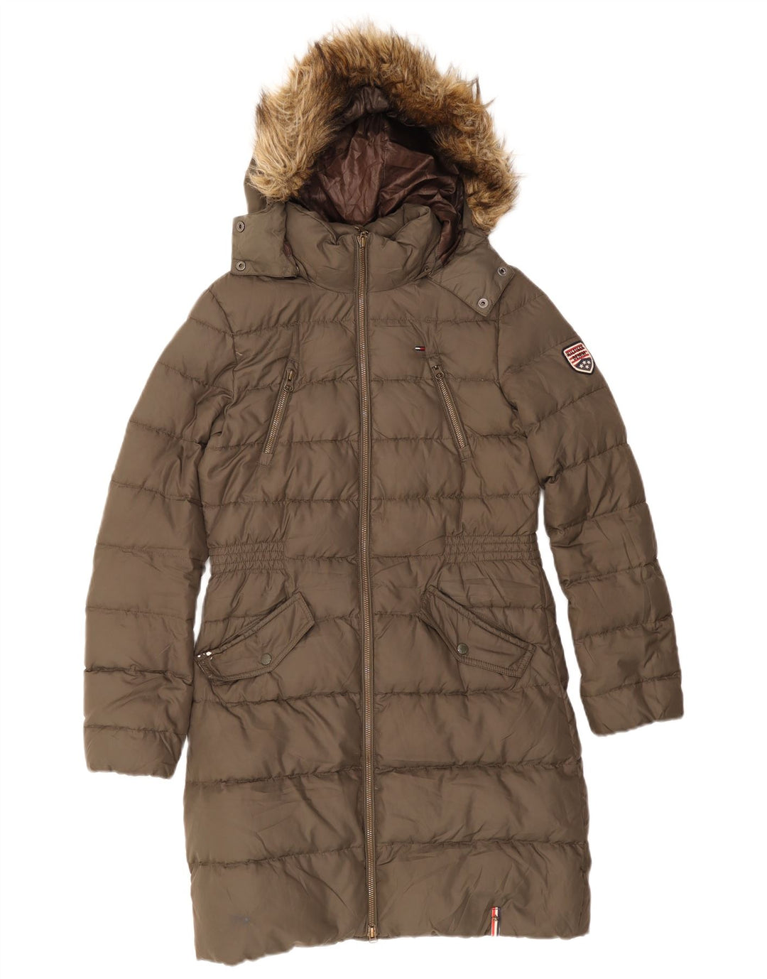 Tommy Hilfiger Wattierter Damenmantel mit Kapuze, UK 10, Größe S, Khaki, Polyester
