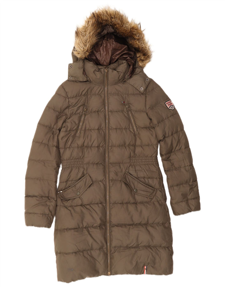 Tommy Hilfiger Wattierter Damenmantel mit Kapuze, UK 10, Größe S, Khaki, Polyester