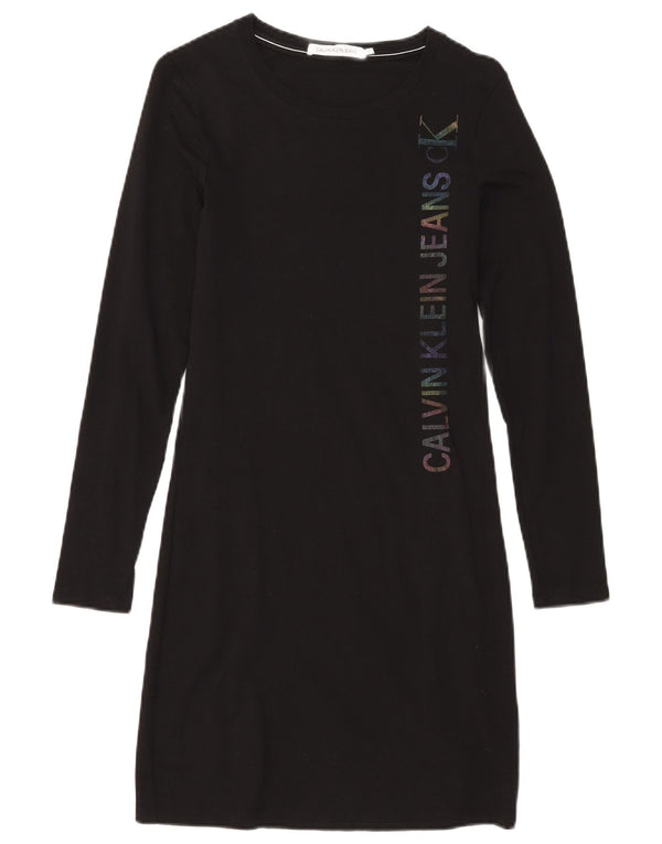 Calvin Klein Jeans Damen Grafik-T-Shirt-Kleid UK 10 Small Schwarz