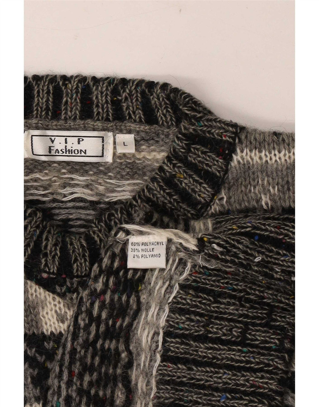 Vintage Herren Pullover mit Rundhalsausschnitt, groß, grau, Fair-Isle-Polyacryl