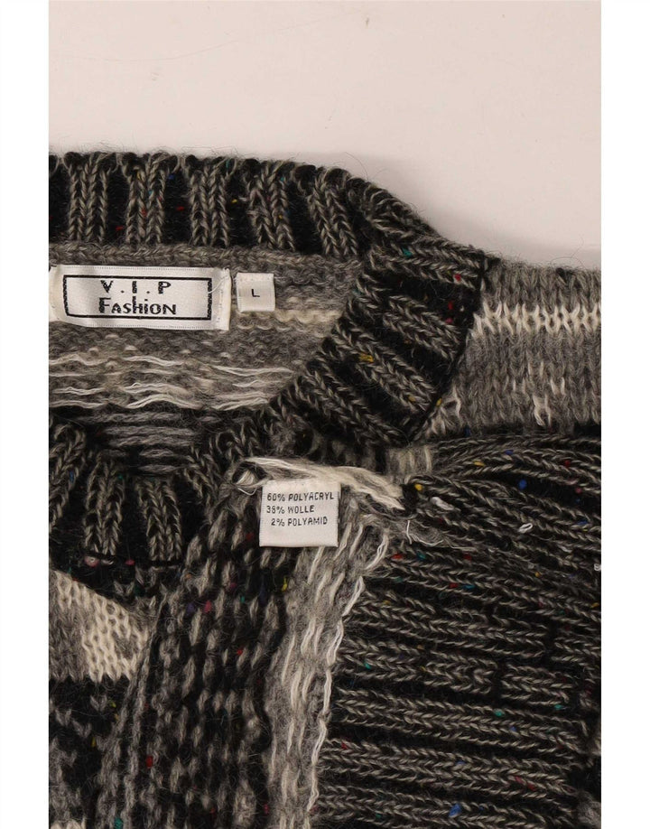 Vintage Herren Pullover mit Rundhalsausschnitt, groß, grau, Fair-Isle-Polyacryl