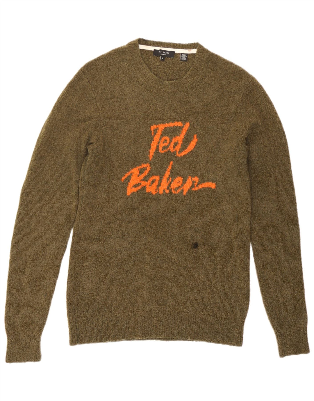 Ted Baker Herren-Pullover mit grafischem Rundhalsausschnitt, Größe 2, kleine Khaki-Wolle