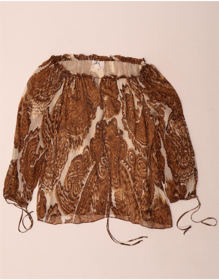 Milly Damen-Oberteil mit 3/4-Ärmeln, schulterfrei, US-Größe 8, mittelbraun, Paisley-Seide