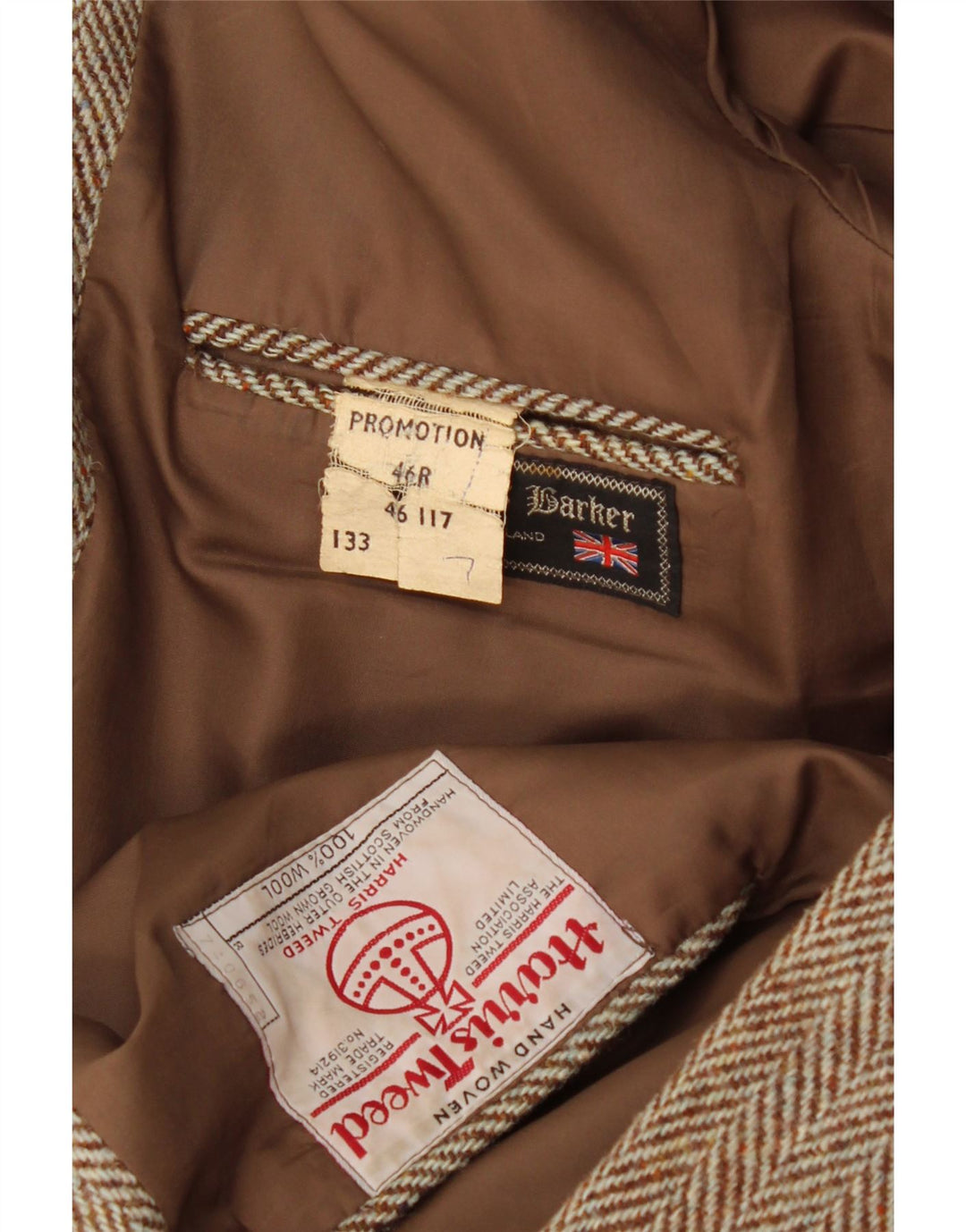 Barker Herren Harris Tweed 2-Knopf-Blazerjacke UK 46 3XL Braunes Fischgrätenmuster