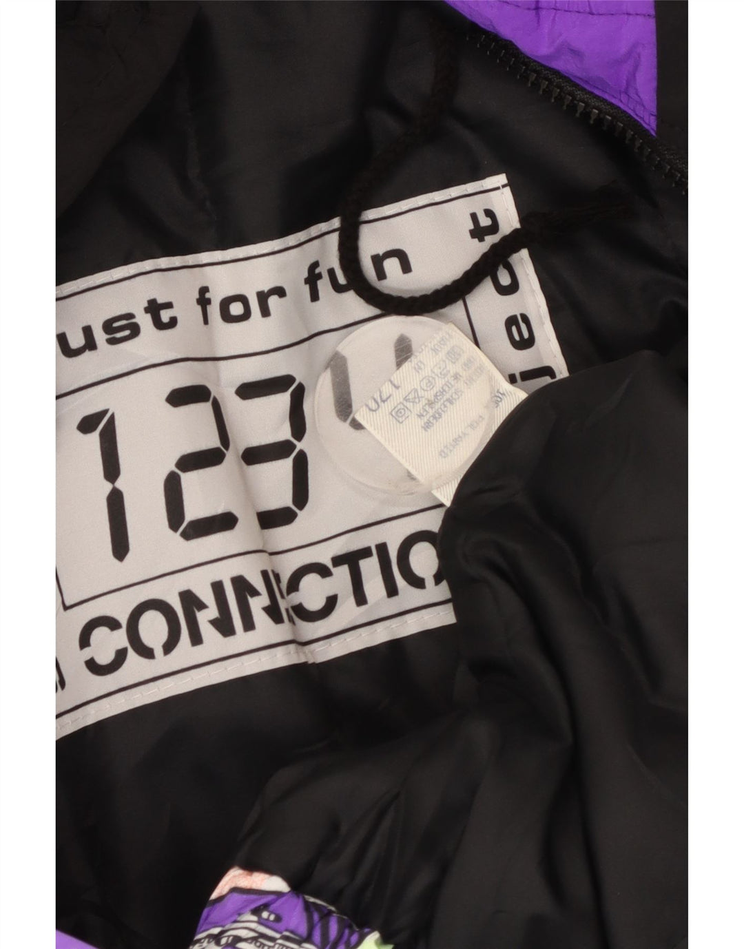 Vintage Herren-Skijacke mit grafischer Kapuze, UK 40, großes mehrfarbiges Polyamid