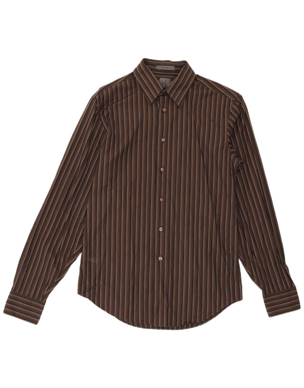 Calvin Klein Herren Slim Fit Hemd Größe 15 38 Mittelbraune Nadelstreifen-Baumwolle
