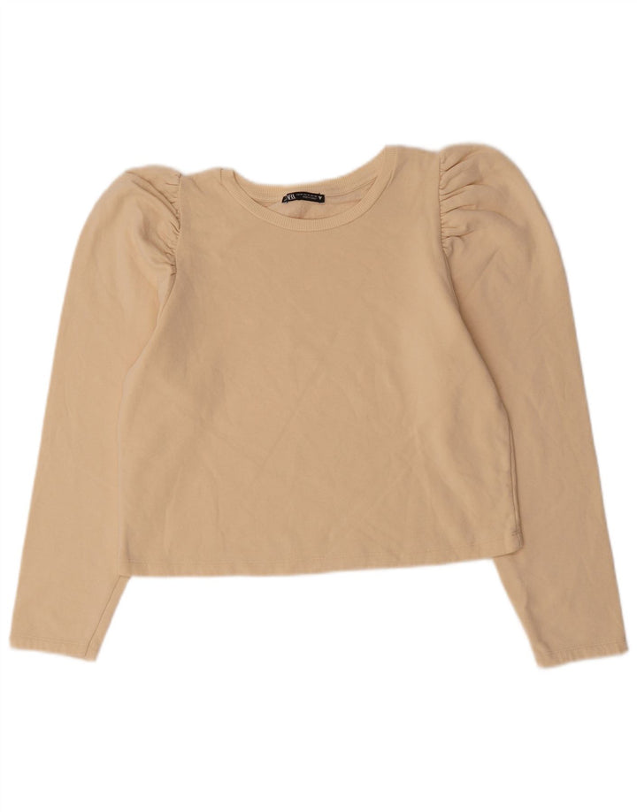 Zara Damen Crop Top Langarm UK 14 Medium Beige