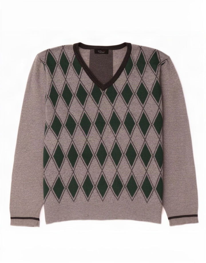 Zara Herren-Pullover mit V-Ausschnitt, XL, Grau Argyle/Diamant