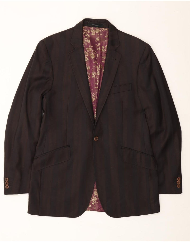 TED BAKER Mens 1 Button Blazer Jacket UK 38 Medium Navy Blue Striped Wool Vintage Ted Baker and Second-Hand Ted Baker from Messina Hembry 