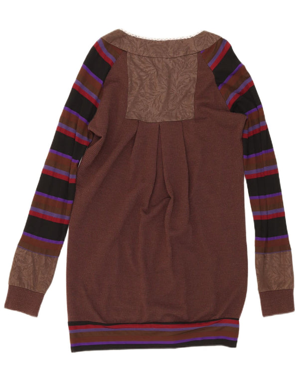 Vintage Damen Longline Cardigan Pullover EU 38 Mittelbraun gestreift Baumwolle