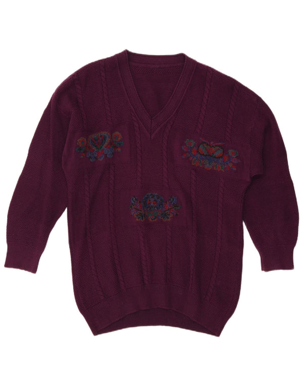 VINTAGE Herren V-Ausschnitt Pullover Pullover XL Lila Blumen