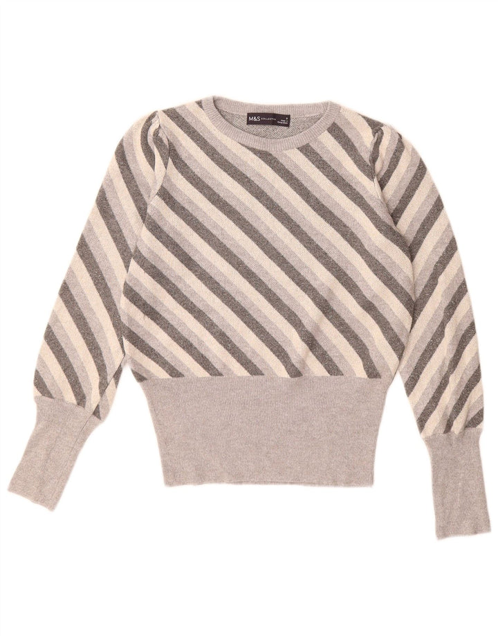 Marks & Spencer Damen-Pullover mit Rundhalsausschnitt, Gr. 8, klein, grau gestreift