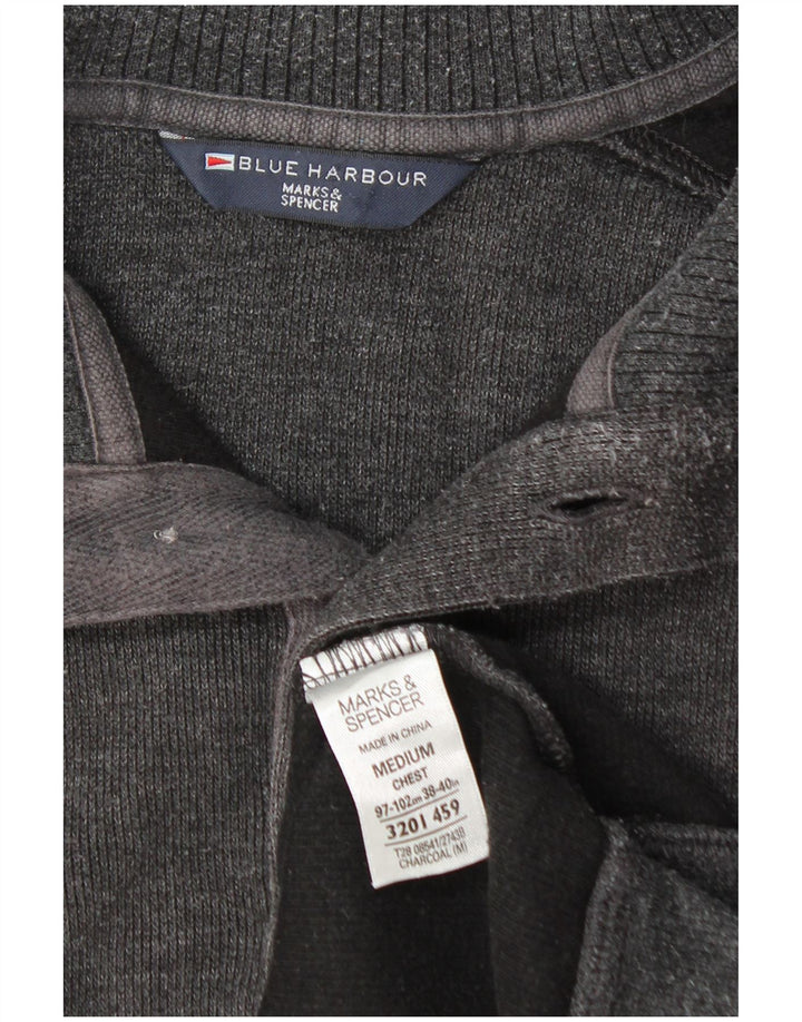 Marks & Spencer Herren-Pullover mit Knopfkragen, mittelgraue Baumwolle