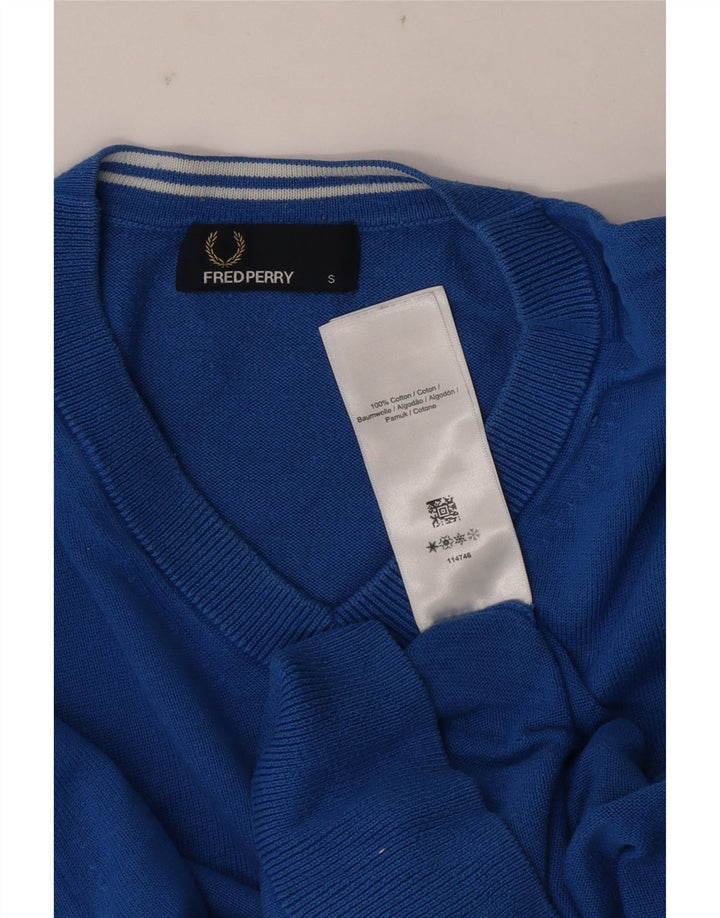 Fred Perry Herren-Pullover mit V-Ausschnitt, Größe S, blaue Baumwolle