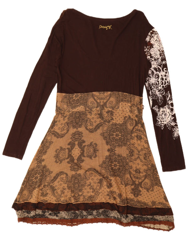 Desigual Damen Grafik-Langarm-A-Linien-Kleid UK 20 2XL Braun Paisley