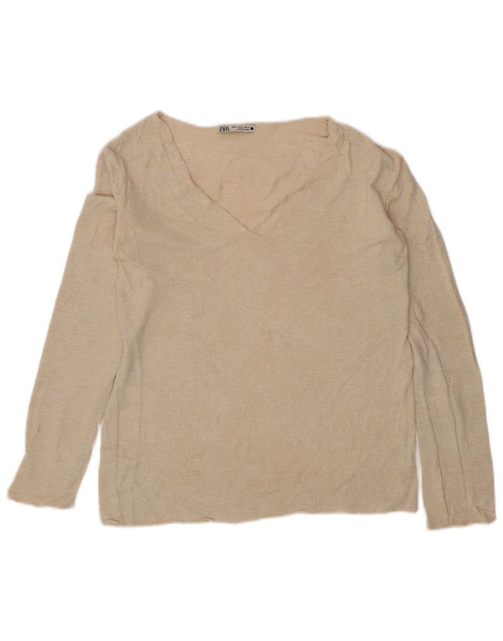 Zara Damen-Pullover mit V-Ausschnitt, UK 12, mittelbeige Viskose