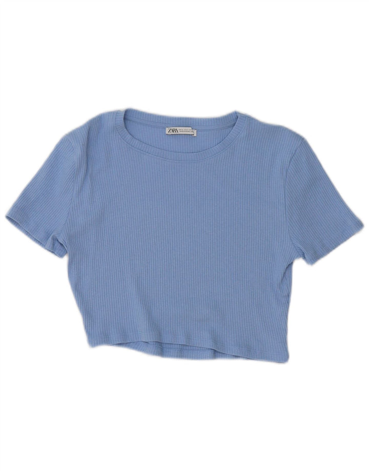 ZARA Damen Crop T-Shirt Top UK 14 Large Blau