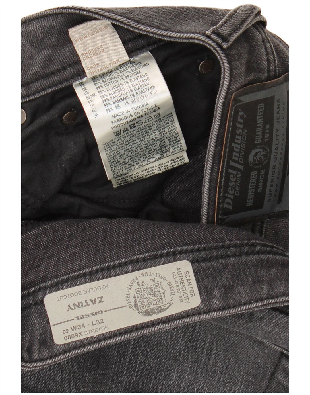 Diesel Herren Zatiny Regular Bootcut Jeans W34 L32 Graue Baumwolle