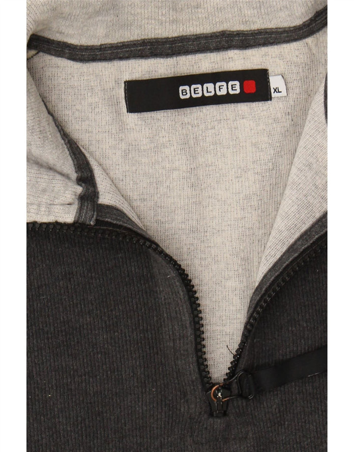 BELFE Mens Zip Neck Jumper Sweater XL Grey Colourblock Cotton Vintage Belfe and Second-Hand Belfe from Messina Hembry 