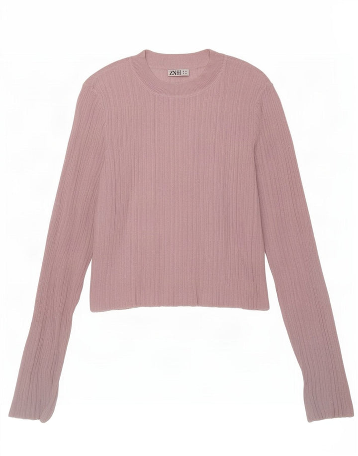 Zara Damen Crop Top Langarm UK 12 Mittelrosa Viskose